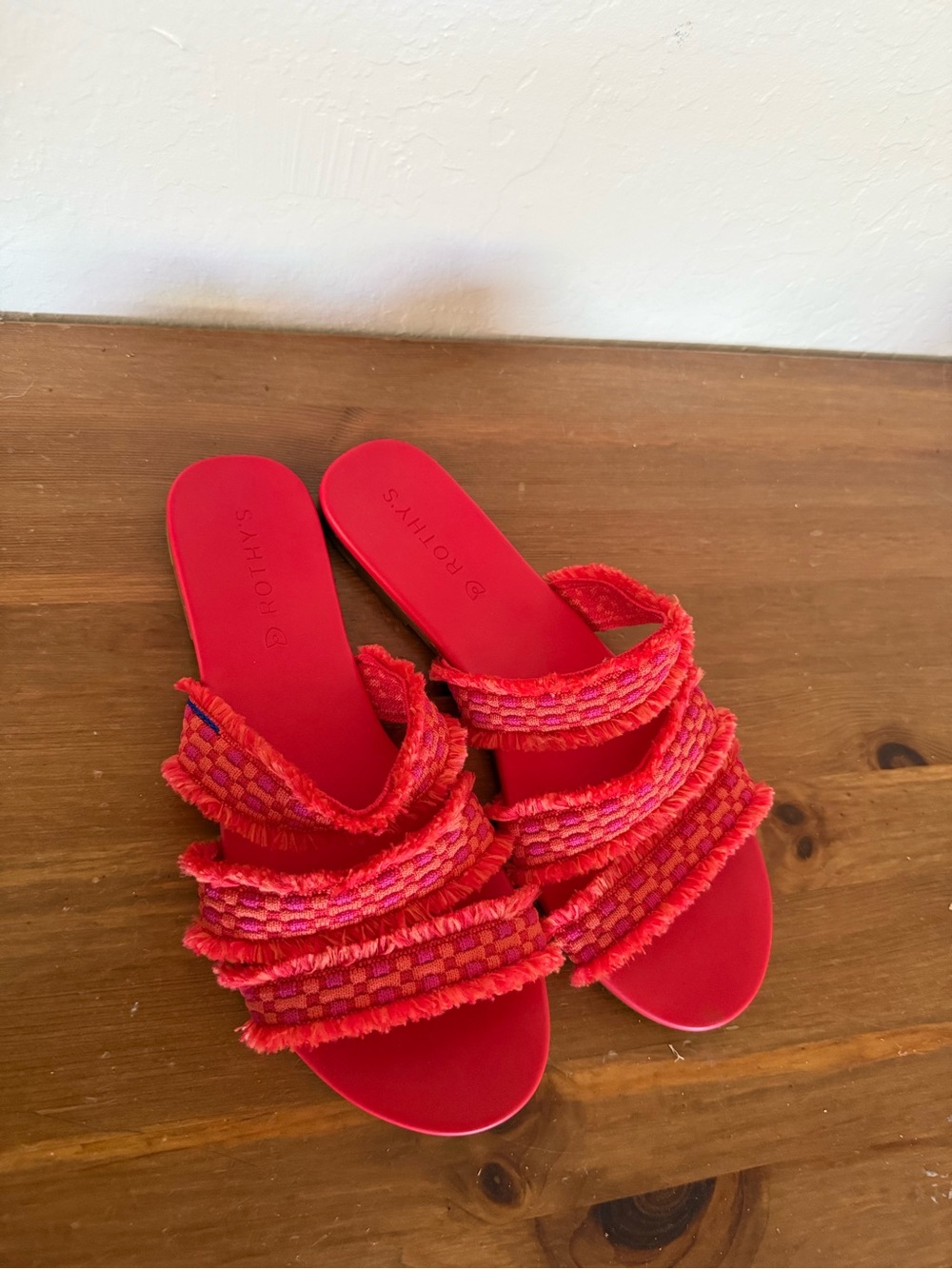 Rothy's Red and Pink Fringed Multi-Strap Slide Sandals